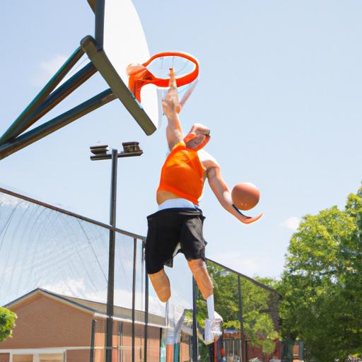 Cầu thủ bóng rổ treo lên đỉnh giỏ sau khi thực hiện thành công dunk.