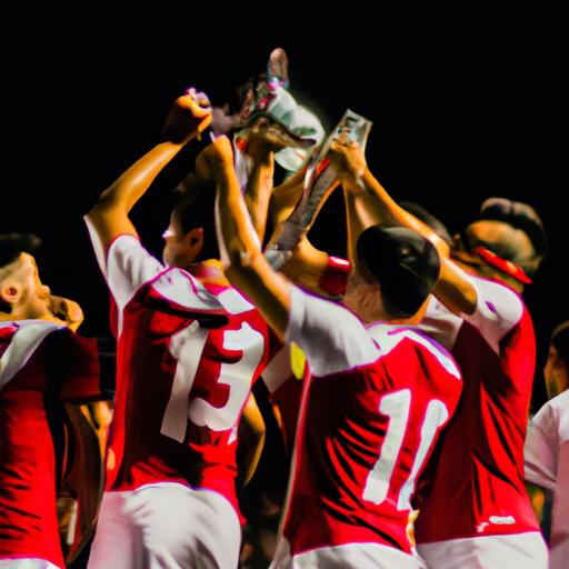Nhóm cầu thủ đang cùng nhau nâng cao chiếc cúp C1. (A group of football players are seen holding the Cúp C1 trophy.)