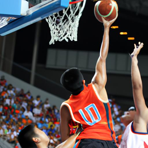 Một cầu thủ ném bóng vào giữa trận đấu bóng rổ FIBA.