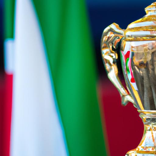 Chân dung chiếc cúp vàng World Cup được mạ vàng với cờ Ý nền nền.