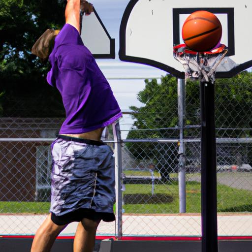 Người đang mặc áo bóng rổ màu tím và quần đen ném bóng rổ vào rổ trên sân.