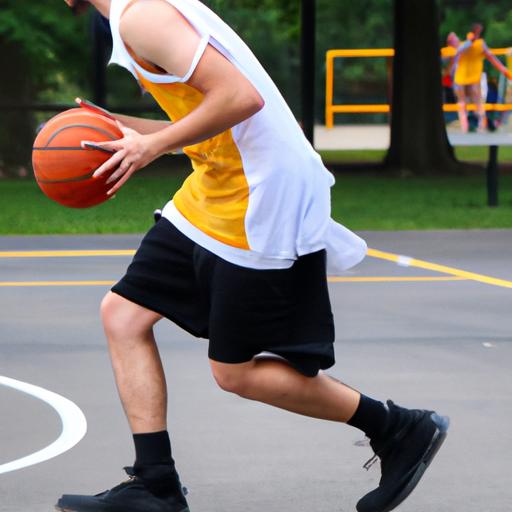 Người đang mặc vòng đầu màu vàng, áo thun trắng và quần đen đang điều bóng rổ trên sân.