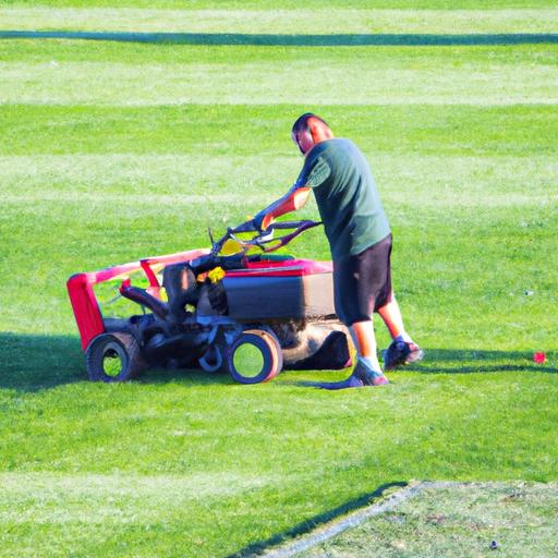 Nhân viên làm vệ sinh đang cắt tỉa cỏ trên sân bóng đá