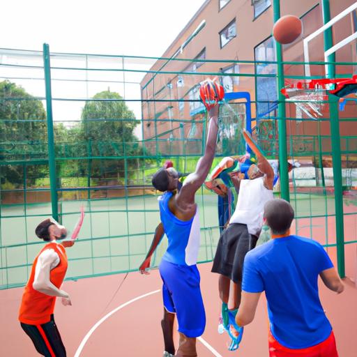 Một nhóm cầu thủ bóng rổ đang tập luyện kỹ năng thực hiện dunk trong buổi tập.