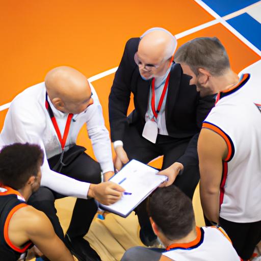 Một nhóm huấn luyện viên bóng rổ thảo luận về chiến lược tại hội nghị FIBA.