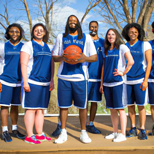 Nhóm người mặc đồng phục bóng rổ màu xanh và trắng đứng chụp ảnh nhóm.