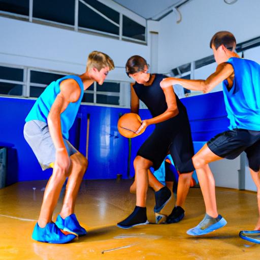 Nhóm vận động viên bóng rổ tập luyện bắn bóng rổ với máy