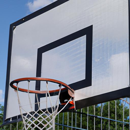 Một trụ bóng rổ và bảng rổ trên sân chơi. Trụ bóng rổ được gắn trên cột kim loại và bảng rổ được làm bằng vật liệu trong suốt.