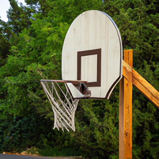 Một trụ bóng rổ và bảng rổ trên đường lái xe. Trụ bóng rổ được gắn trên cột gỗ và bảng rổ được làm bằng vật liệu acrylic.