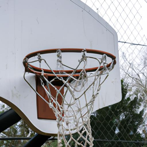 Một trụ bóng rổ và lưới trên sân đấu. Trụ bóng rổ được gắn trên cột kim loại và lưới được làm bằng vật liệu dây dày.
